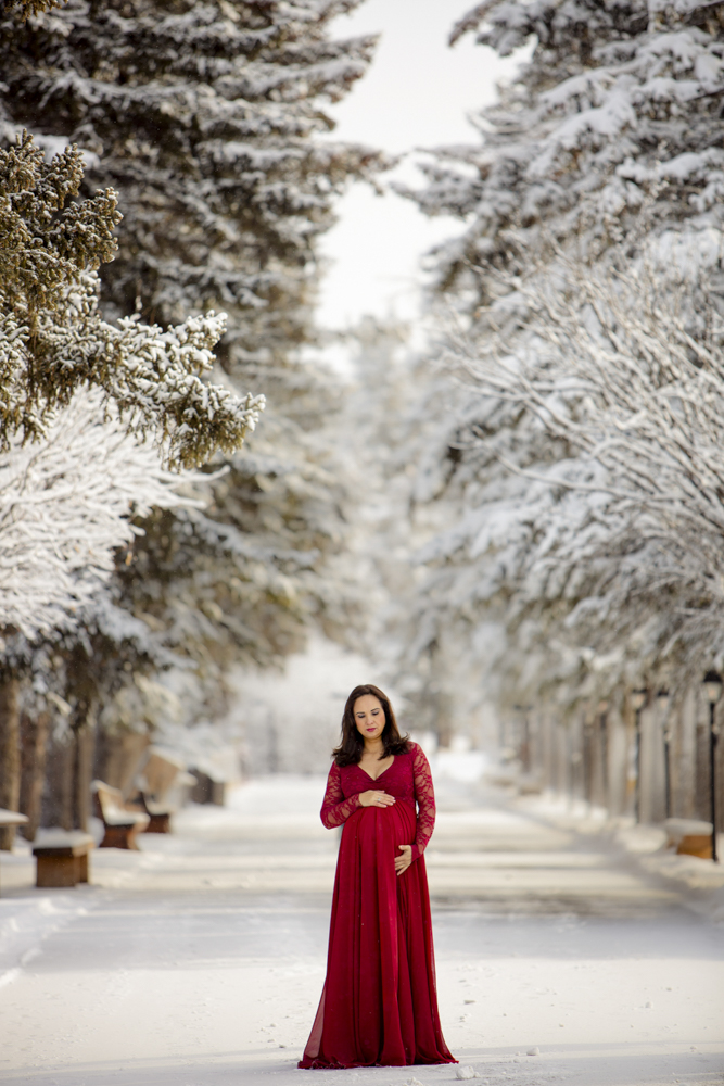 Pregnant lady at a photoshoot in a winter setting, held at Fish creek park, Calgary