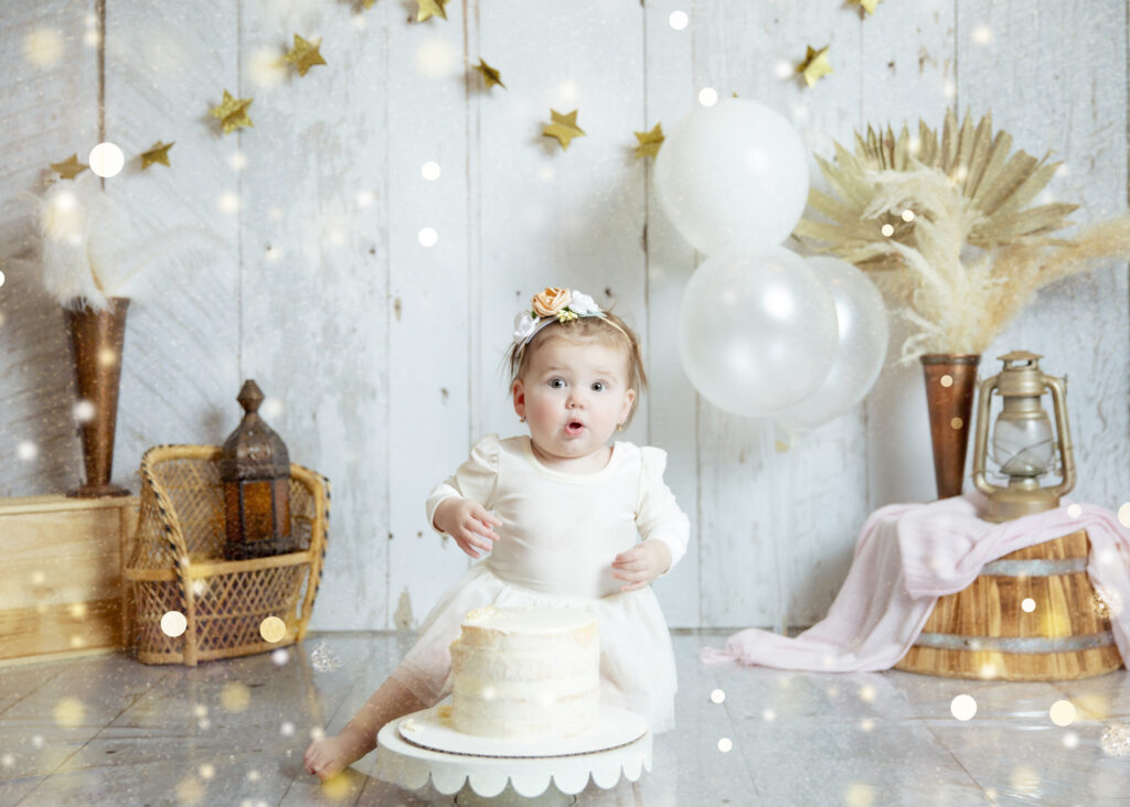 Baby white boho themed birthday photoshoot in calgary