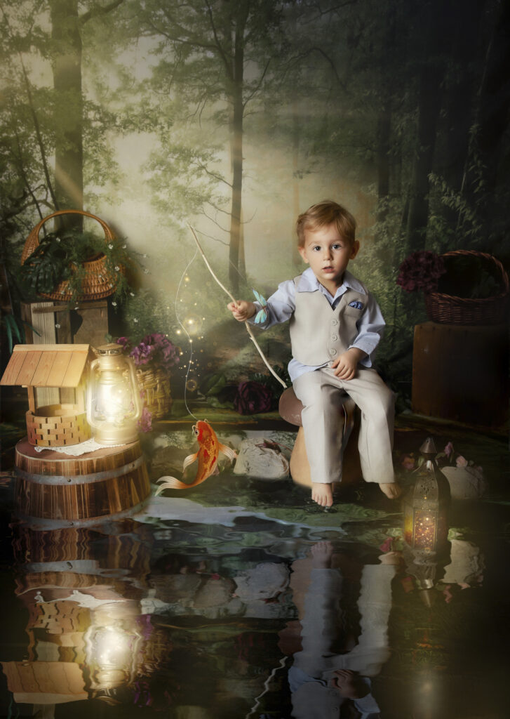 Fairytale portrait of little boy fishing in calgary studio