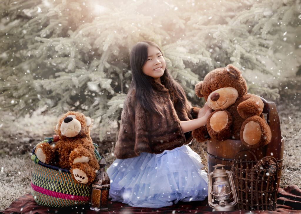 Magical outdoor shoot with stuffies in winter