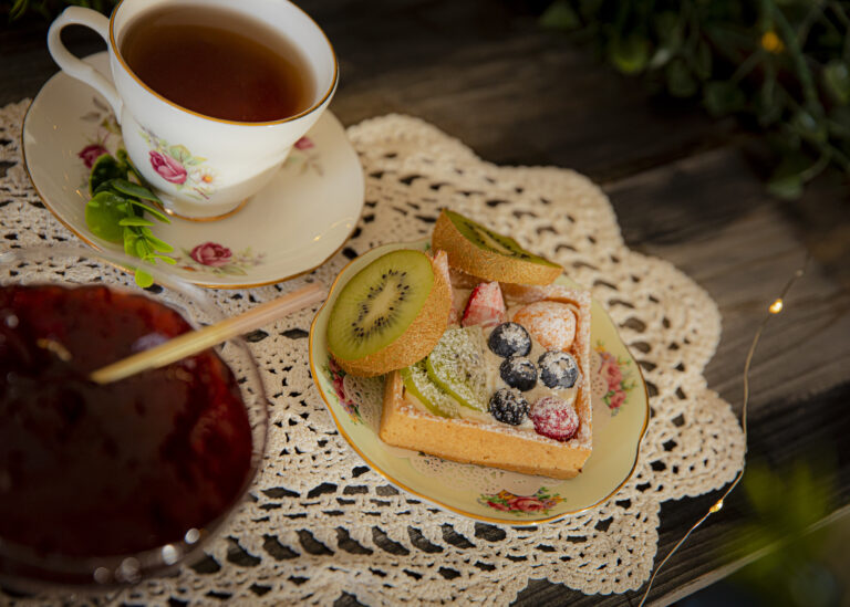 English breakfast setting on a dark vintage table