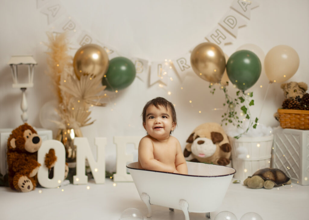 Boho themed cake smash with baby in bathtub