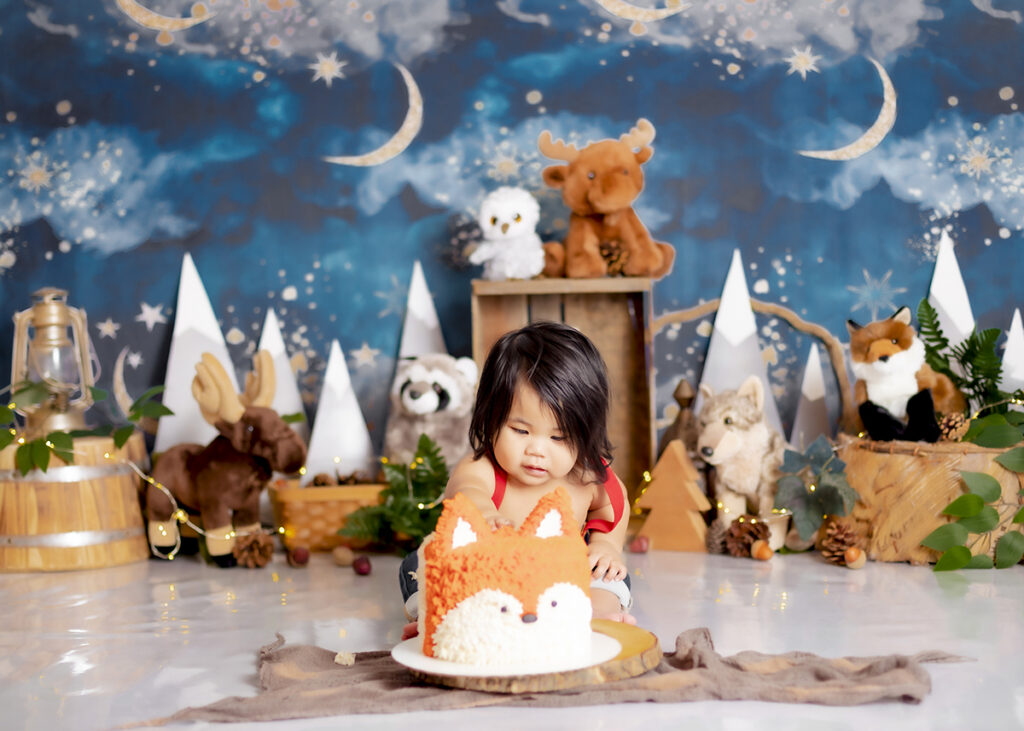 Baby boy at a birthday photo shoot woodland theme