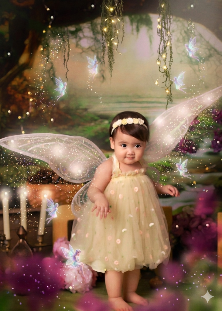 Portrait of baby girl in a fairytale book setting, in calgary